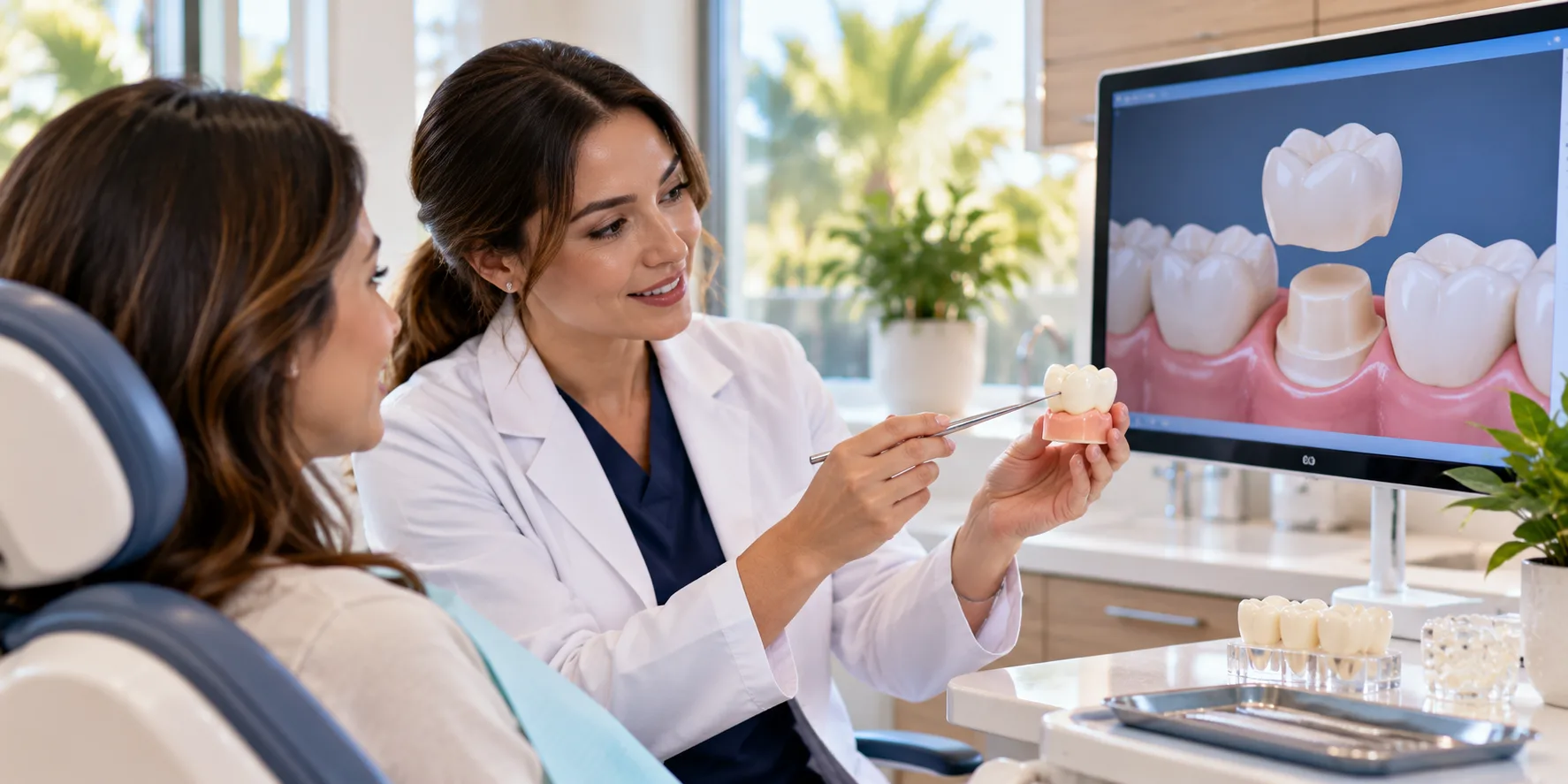 A dentist showing a patient a model crown, with a crown diagram on the screen behind her