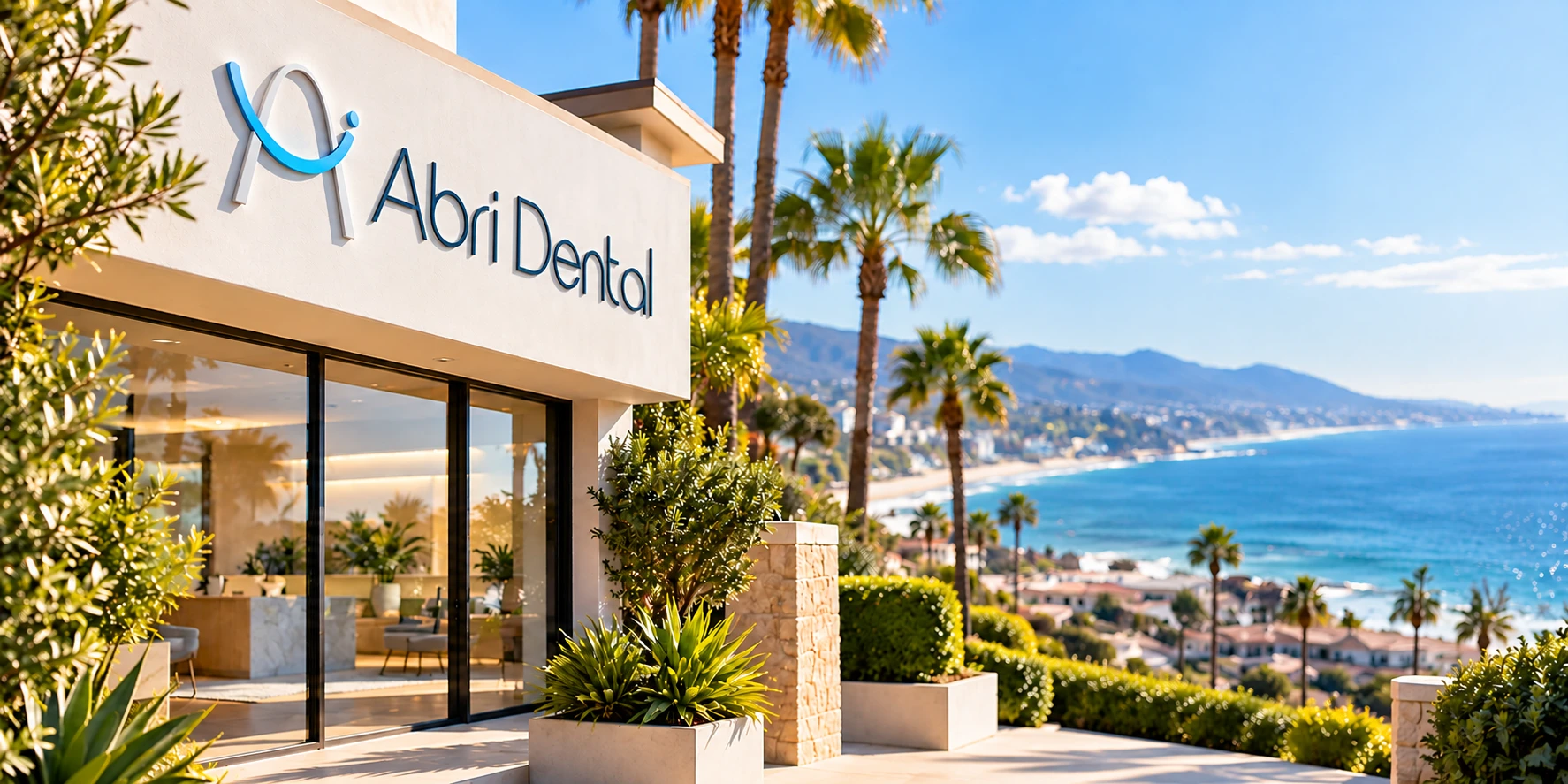 An Abri Dental office with palm trees overlooking the Southern California coast