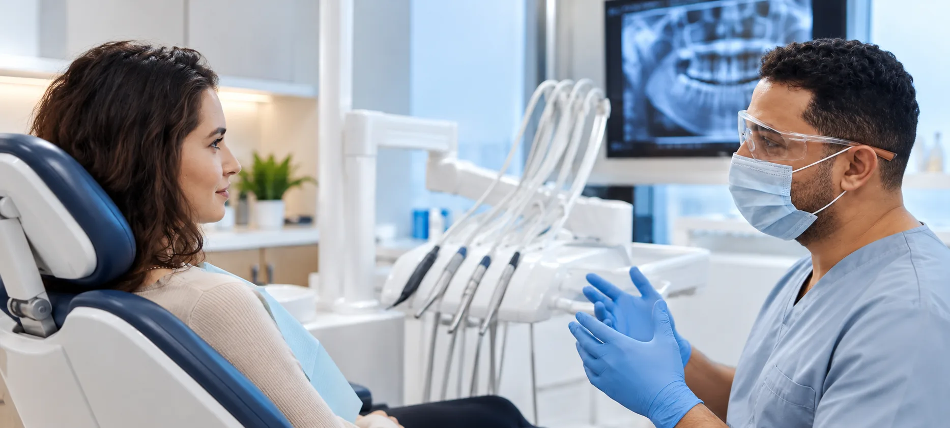 A dentist in blue gloves talking with a patient in the treatment chair