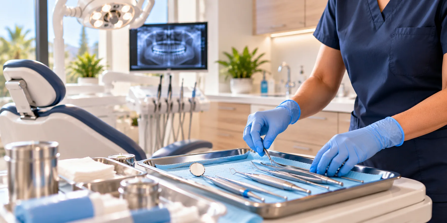 A dental assistant in blue gloves arranging instruments on a tray in a treatment room