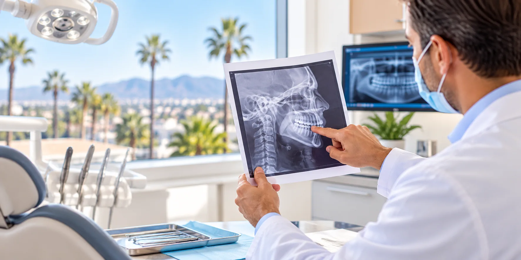 A dentist pointing to a head and jaw X-ray in a bright office with palm trees outside