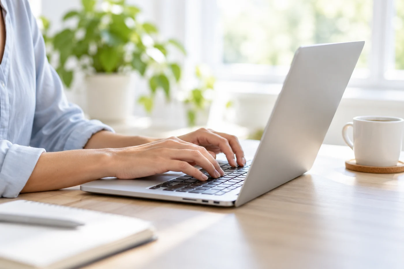 Hands typing on a laptop in a bright workspace