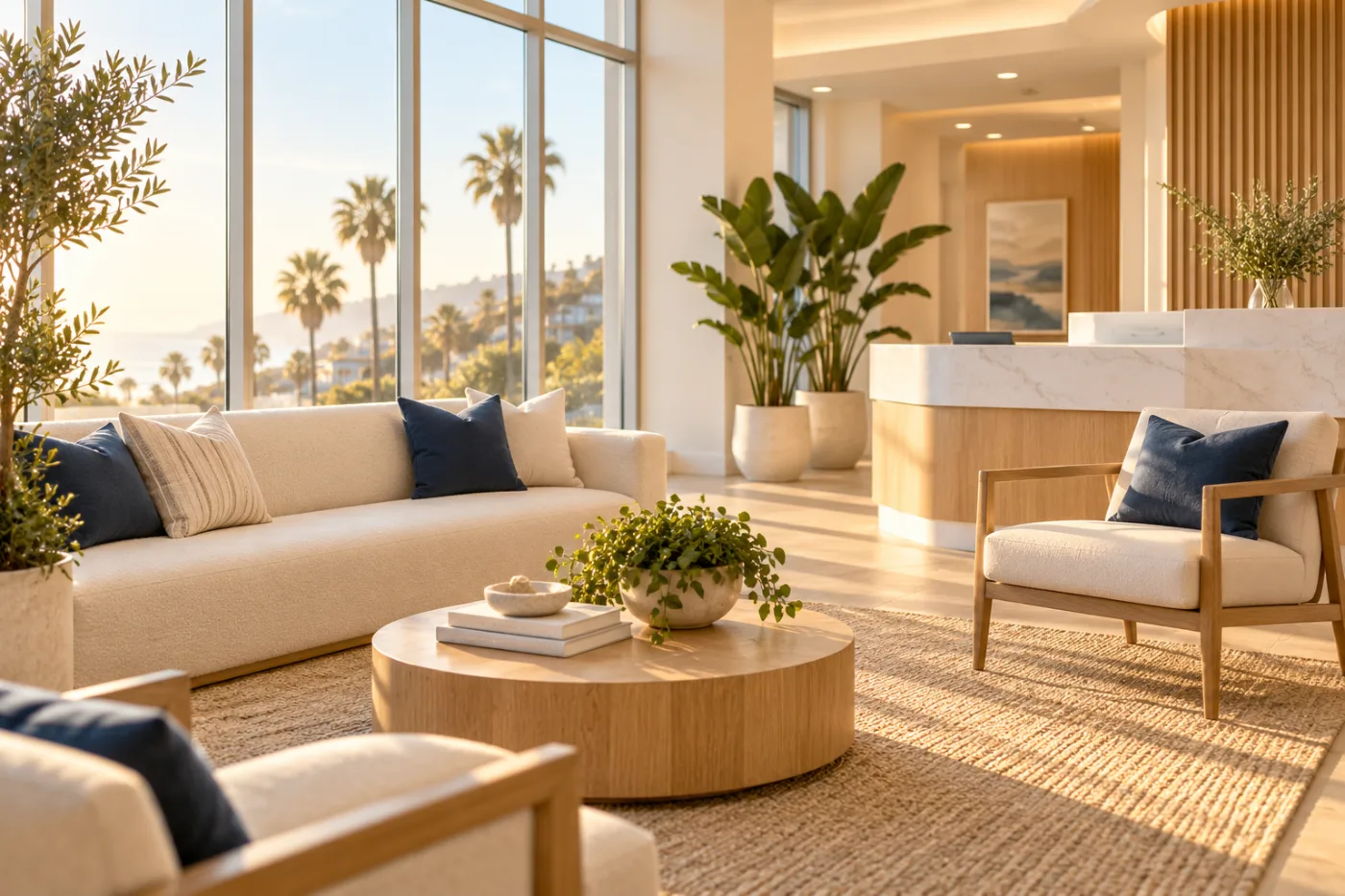 A bright Abri Dental lobby with tall windows looking out on palm trees and the ocean